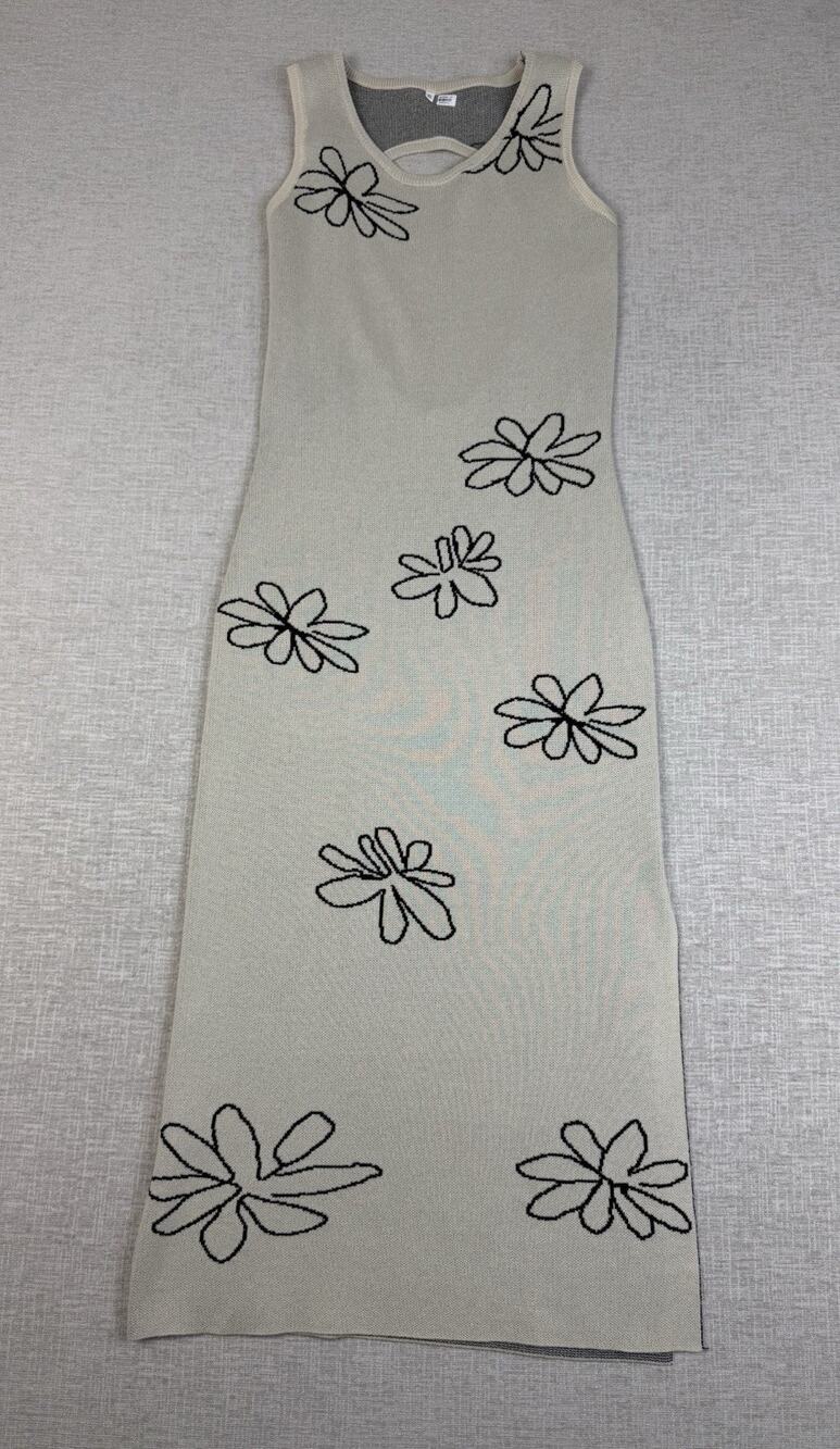 Women’s Small Beige Black Floral Knit Maxi Dress Sleeveless Cutout Neckline
